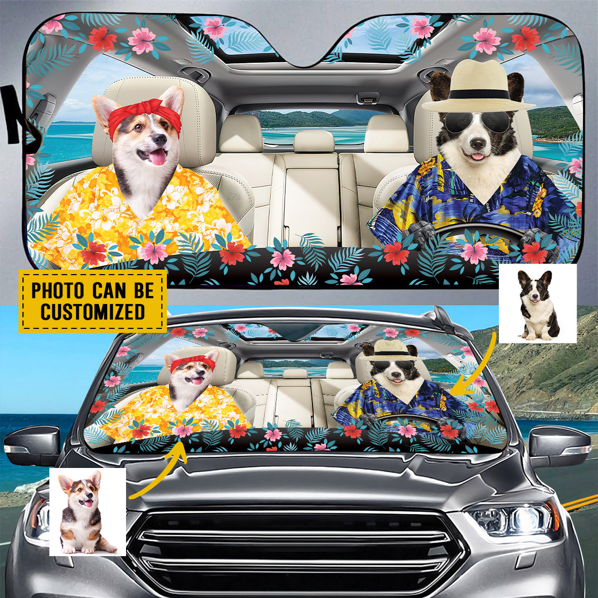 Petthouse | Dog Sunshade Custom Photo Personalized Windshield Sun Shade Corgi Hawaii Sunshade Summer