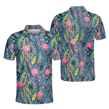 Petthouse | Flamingo With Modern Neon Tropical Polo Shirts Summer Leaves And Plants Seamless Pattern