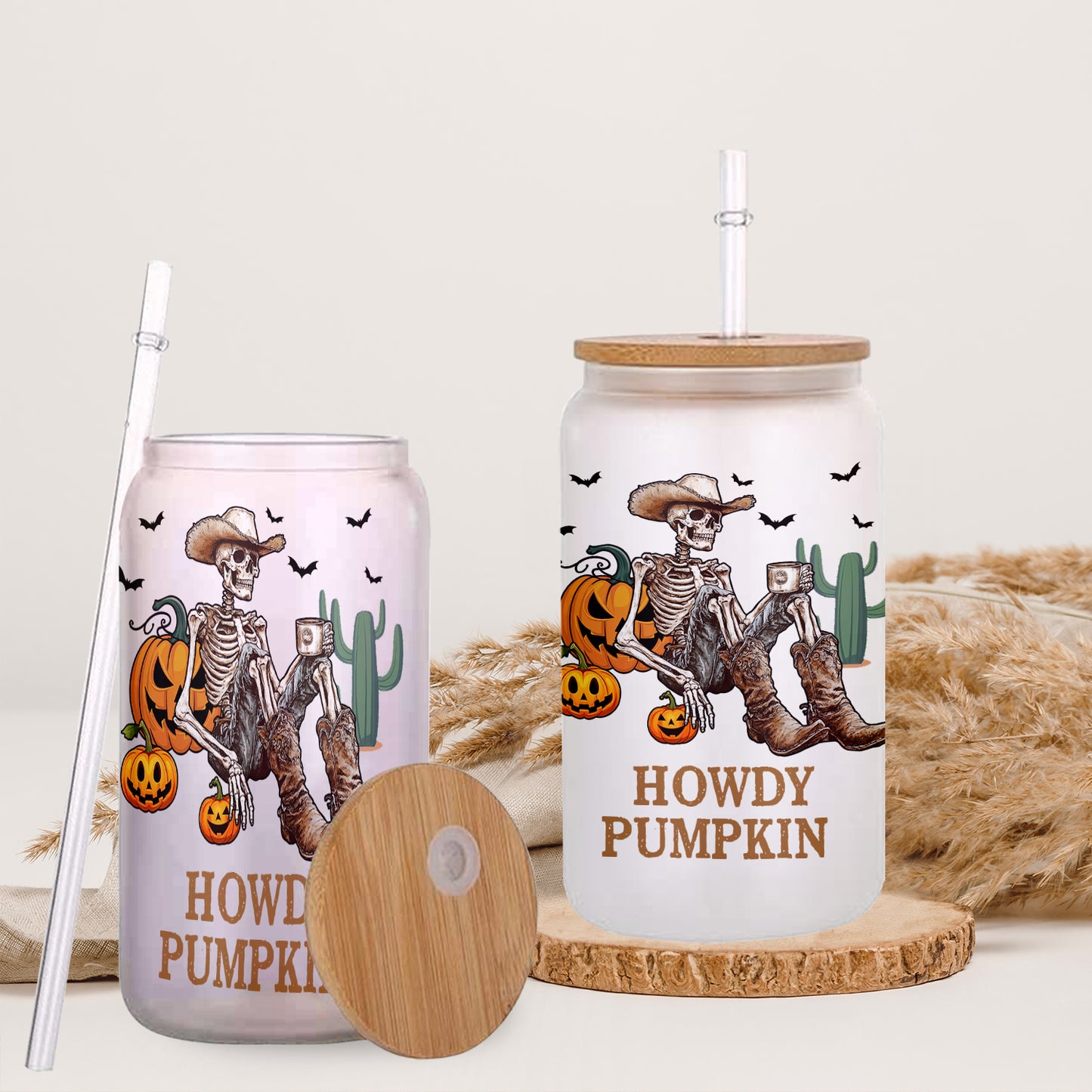 Petthouse | Cowboy Skeleton Drink Coffee Glass Can, Spooky Season, Howdy Pumpkin Glass, Skeleton Libby