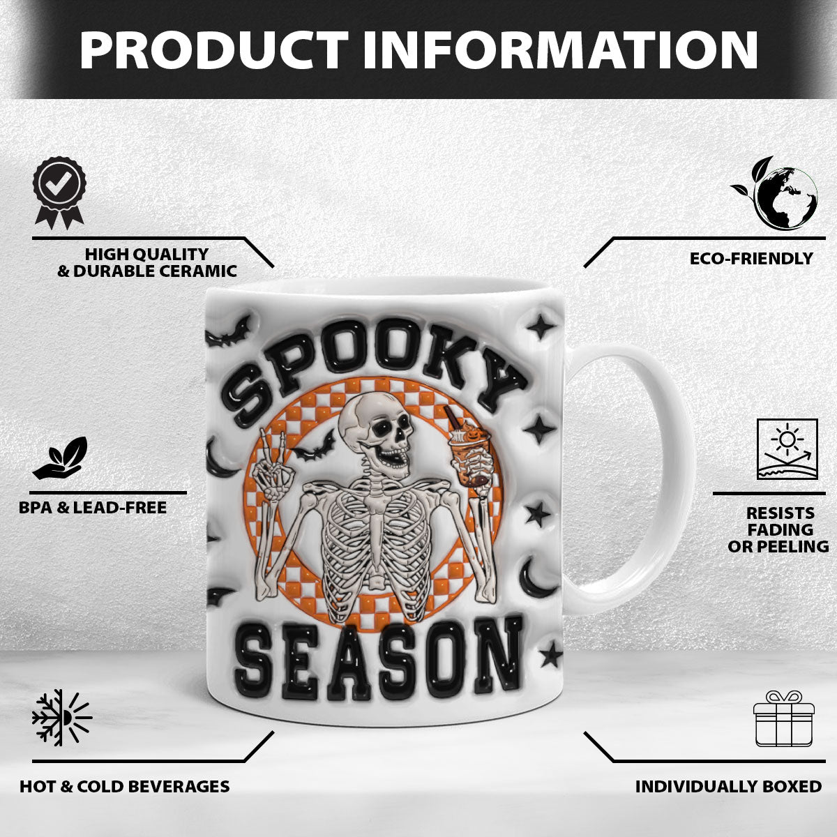 Petthouse | Spooky Season Skeleton Inflated 3d Mug, Retro Halloween Mug, Skeleton Halloween Coffee Cup