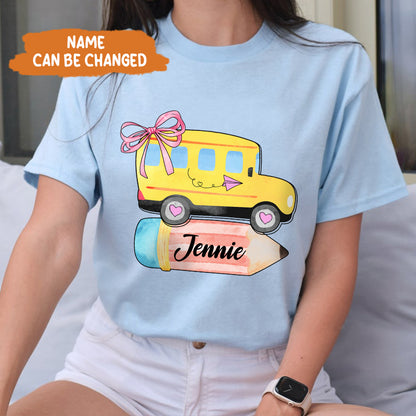 Petthouse | Personalized School Bus With Name Bow Shirt, Coquette Back To School Shirt, School Girl