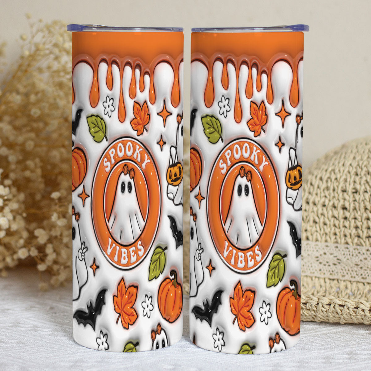 Petthouse | Halloween Spooky Vibes Skinny Tumbler, Spooky Ghost Vibes 3d Inflated Effect Tumbler, Pumpkin