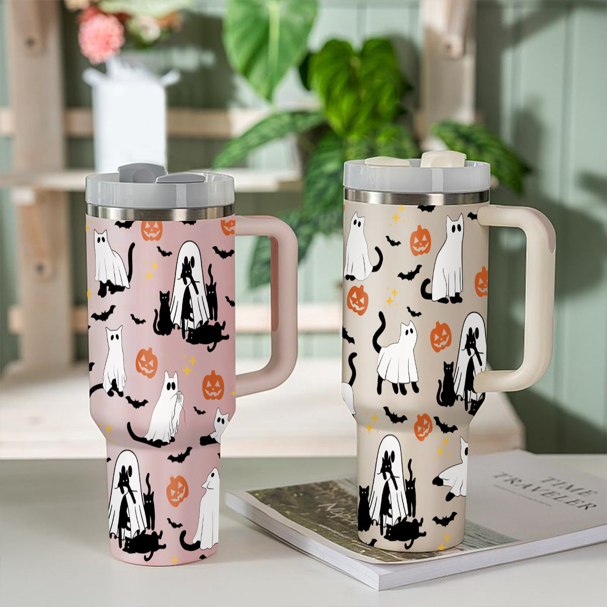 Petthouse | Сute Ghost Cat Halloween Tumbler 40oz, Ghost Cat, Spooky Black Cat Stainless Steel Cup