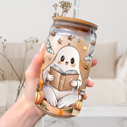 Petthouse | Bookish Ghost Glass Can, Ghost Halloween Glass, Ghost Cute Book Iced Coffee Cup, Cute Reader