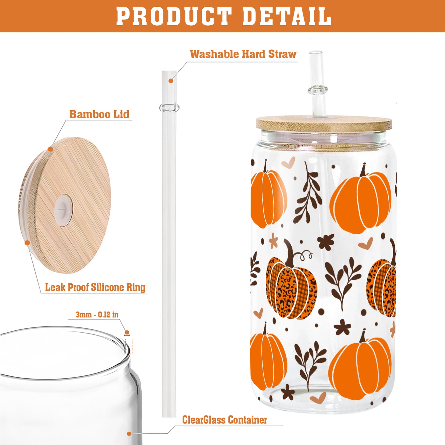 Petthouse | Fall Pumpkins Glass Can, Fall Pumpkins Glass Tumbler, Fall Coffee Glass, Leopard Pumpkin