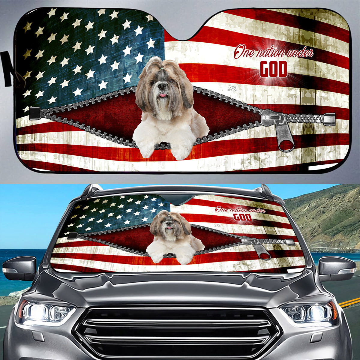 Petthouse | Dog Sunshade American Flag Windshield Cover Shih Tzu Dog One Nation Under God Car Sunshade