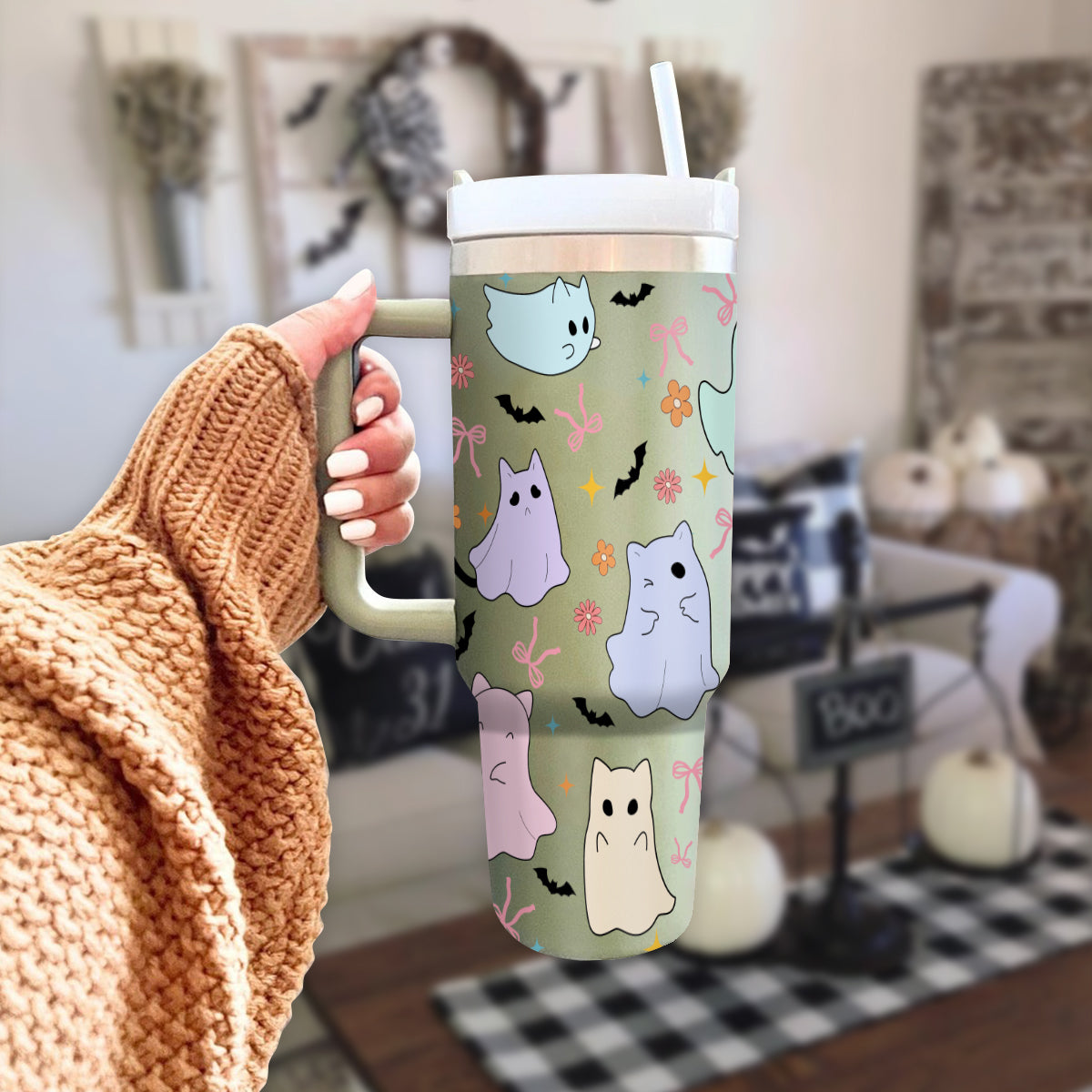 Petthouse | Cute Ghost Cats Halloween 40Oz Tumbler, Ghost Cat Stainless Steel Tumbler, Cat Ice Coffee Cup