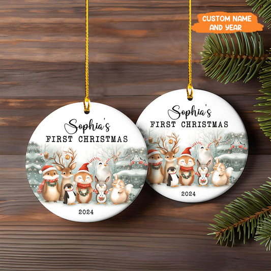 Petthouse | Baby First Christmas Ornament, Personalized Woodland Creatures Ceramic Ornament, Xmas Gift