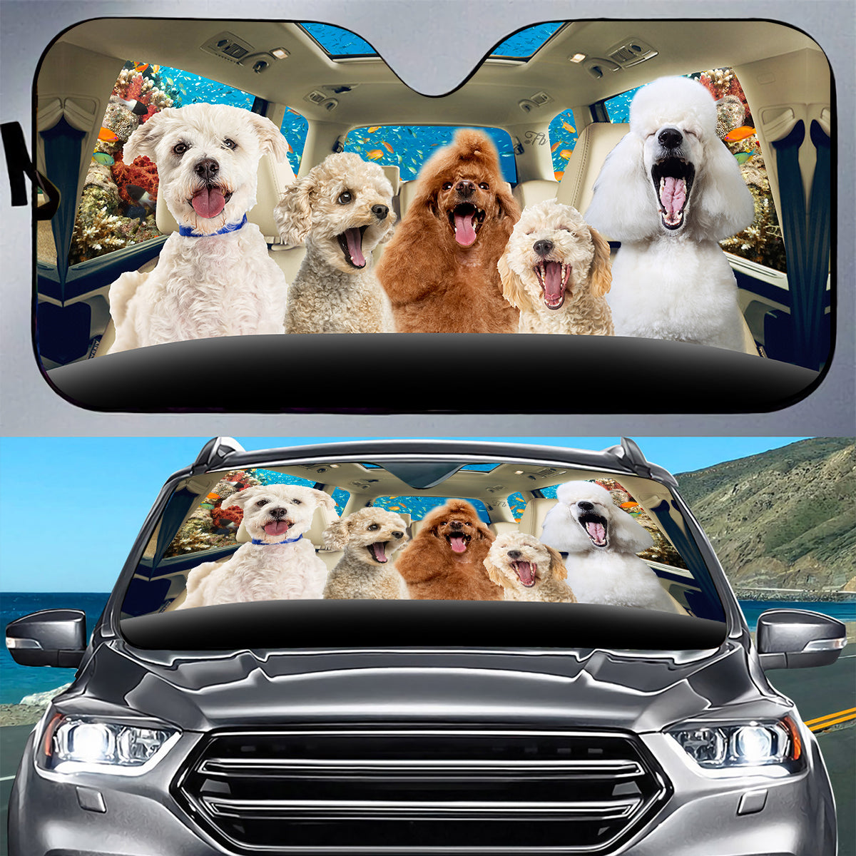 Petthouse | Dog Sunshade Poodle Under The Sea Car Sunshade Sun Visor For Car Windshield Funny