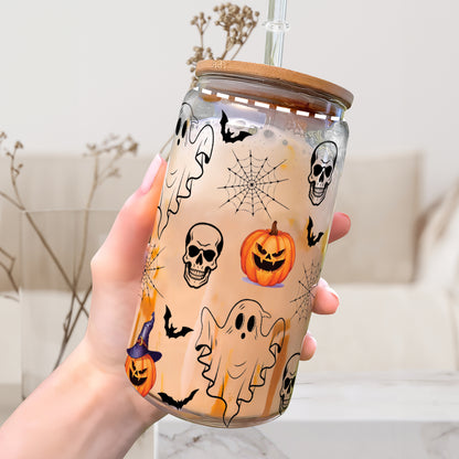 Petthouse | Ghost Halloween Glass Can, Skulls And Ghosts Glass Can, Spooky Season Pumpkin