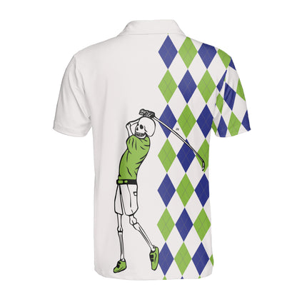 Petthouse | Golfer Skeleton Halloween Green And Blue Argyle Pattern Polo Shirt Golf Player Athletes Sport Shirt Dad