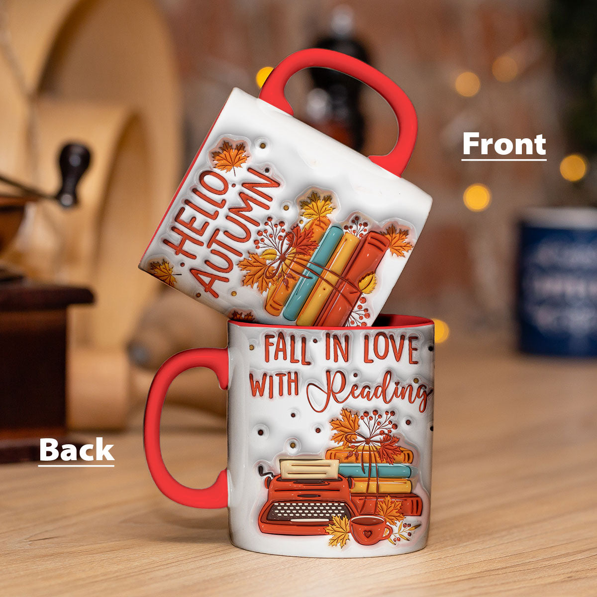 Petthouse | Hello Autumn Ceramic Mug, Fall In Love With Reading 3d Inflated Print Mug, Fall Autumn