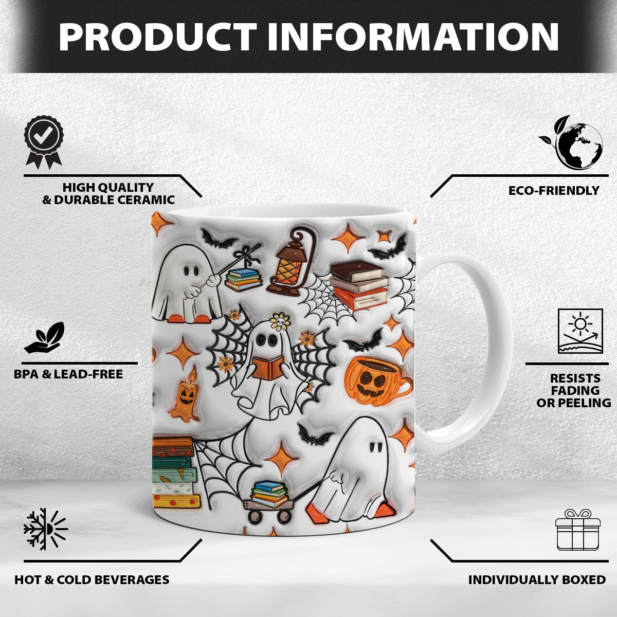 Petthouse | Ghost Reading Book Ceramic Mug, Halloween Coffee Mug, Bookish Ghost Mug, Spooky Vibes