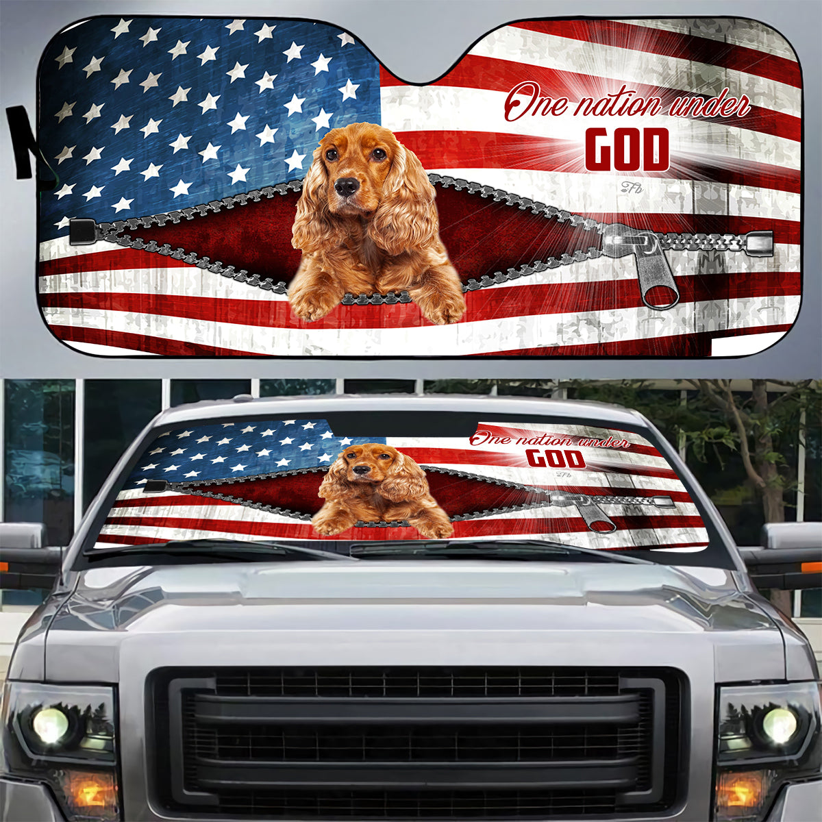 Petthouse | English Cocker Spaniel Windshield Sun Shade American Flag Windshield Cover One Nation Under God