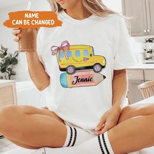 Petthouse | Personalized School Bus With Name Bow Shirt, Coquette Back To School Shirt, School Girl