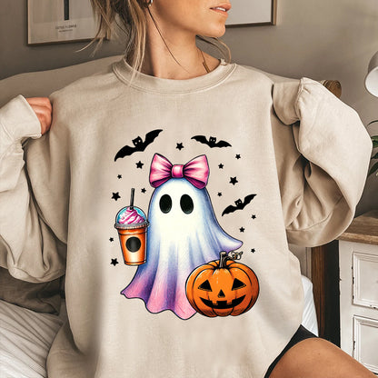 Petthouse | Halloween Ghost Shirt, Retro Ghost Coffee Pumpkin Halloween Shirt, Cute Ghost Coffee