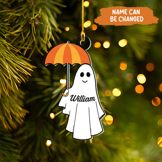 Petthouse | Custom Cute Ghost Holding Umbrella Halloween Ornament, Ghost With Orange Umbrella Ornament