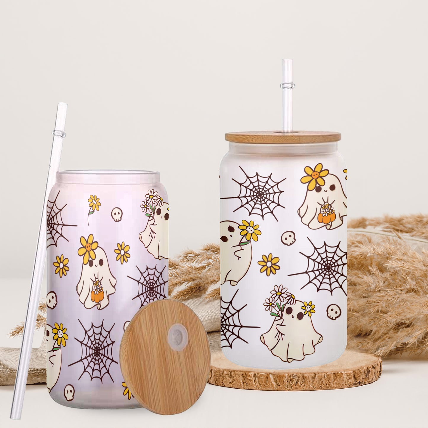 Petthouse | Halloween Ghost Cute Glass Can, Ghost Spooky Vibes Glass Can, Spooky Cute Glass Tumbler Cup Wrap