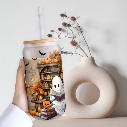 Petthouse | Cute Ghost Reading Book Glass Can, Ghostly Bookish Cup, Housewarming Party, Halloween Book