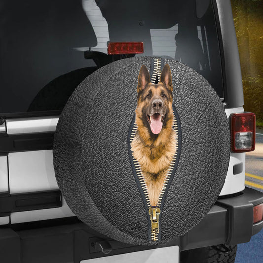 Petthouse | German Shepherd Through Hole Camper Tire Cover Dog Leather Print Spare Tire Cover Black Dog Dad Car