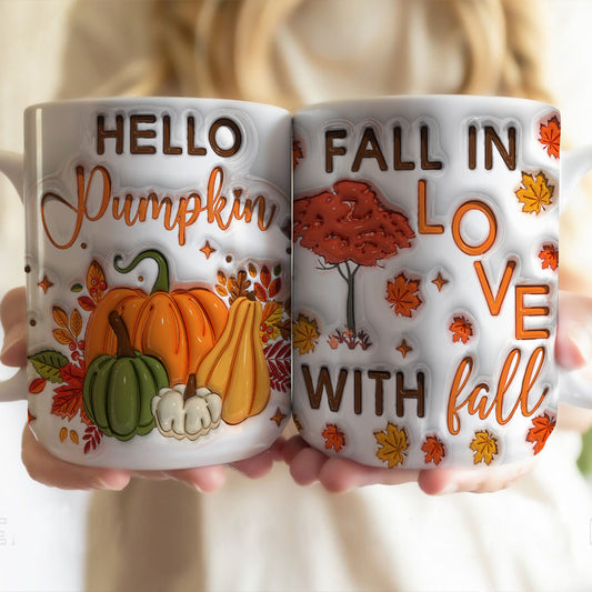 Petthouse | Hello Pumpkin Spice Ceramic Mug, Fall In Love With Fall 3d Inflated Effect Printed Mug