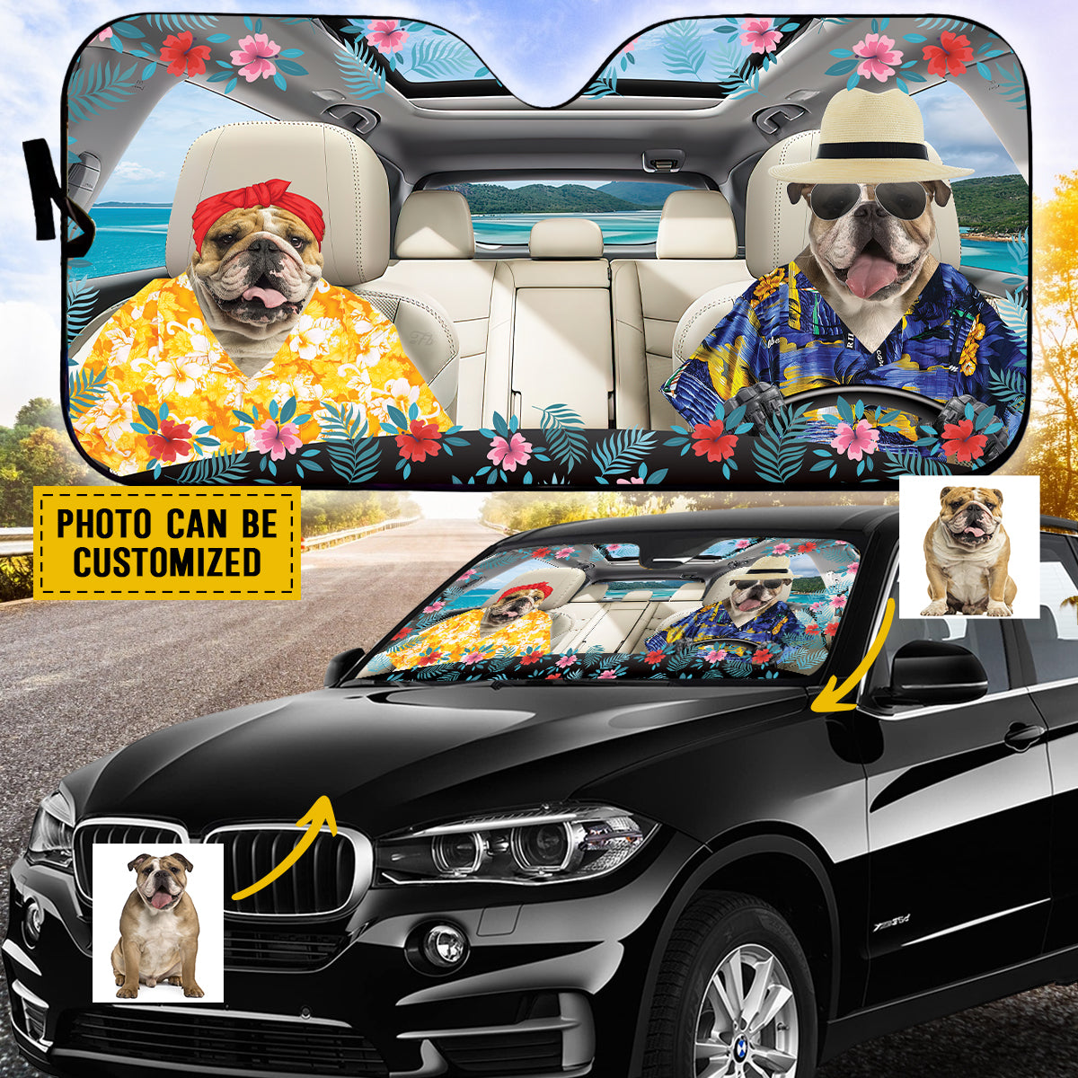 Petthouse | English Bulldog Hawaii Summer Car Sunshade Windshield Custom Photo Sunshade For Car Dog Sunshade