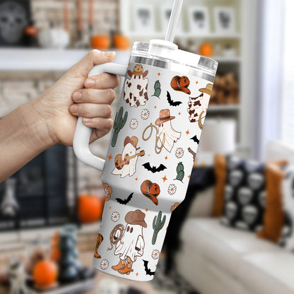 Petthouse | Western Ghost 40oz Tumbler, Halloween Ghost Cowboy Tumbler Wrap, Spooky Western Ghost