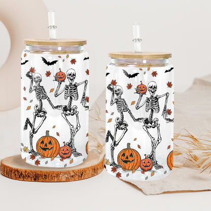 Petthouse | Skeleton Dancing Halloween Glass Can, Skeleton Halloween Iced Coffee Cup, Skeleton Dance Fall