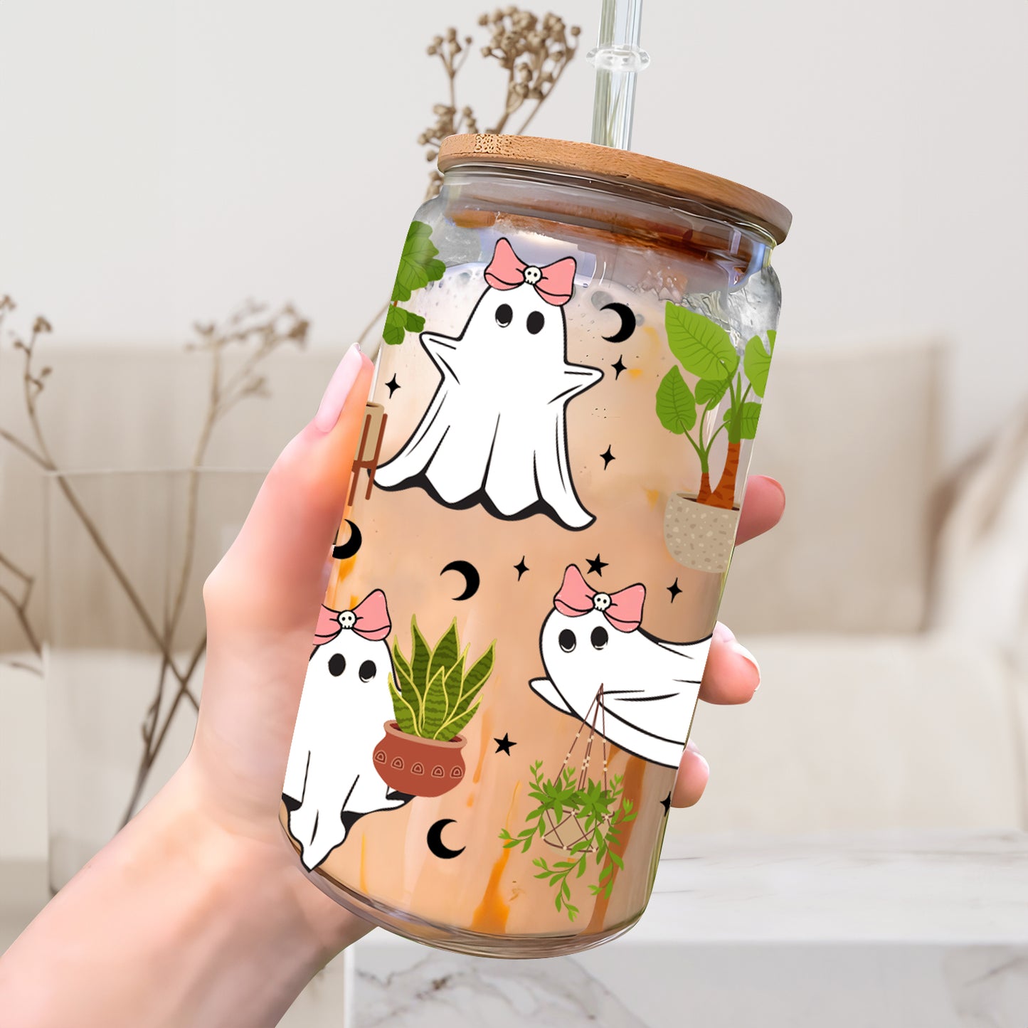 Petthouse | Ghost Plant Lady Glass Can , Halloween Ghost Plant Cup, Ghost Plant Lady Boo, Halloween Plants