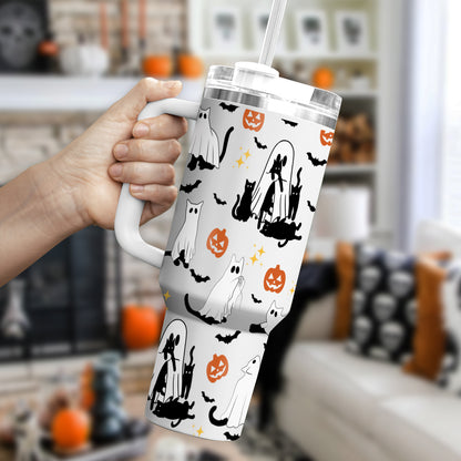 Petthouse | Сute Ghost Cat Halloween Tumbler 40oz, Ghost Cat, Spooky Black Cat Stainless Steel Cup