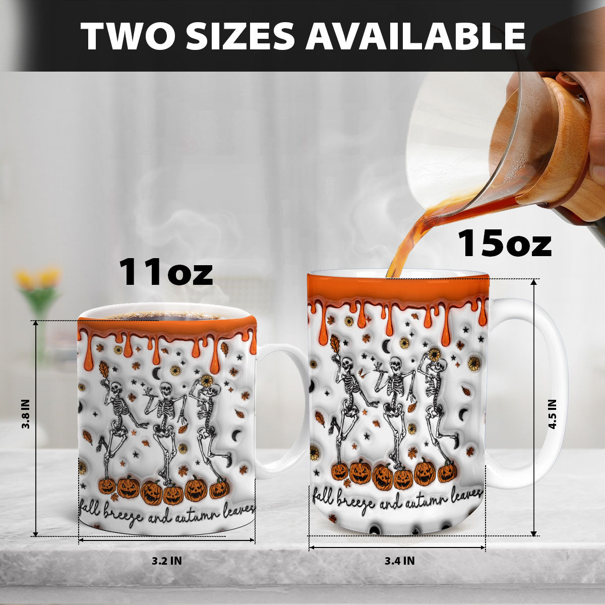 Petthouse | Skeletons Fall Breeze And Autumn Leaves Inflated 3d Effect Mug, Spooky Dancing Skeletons