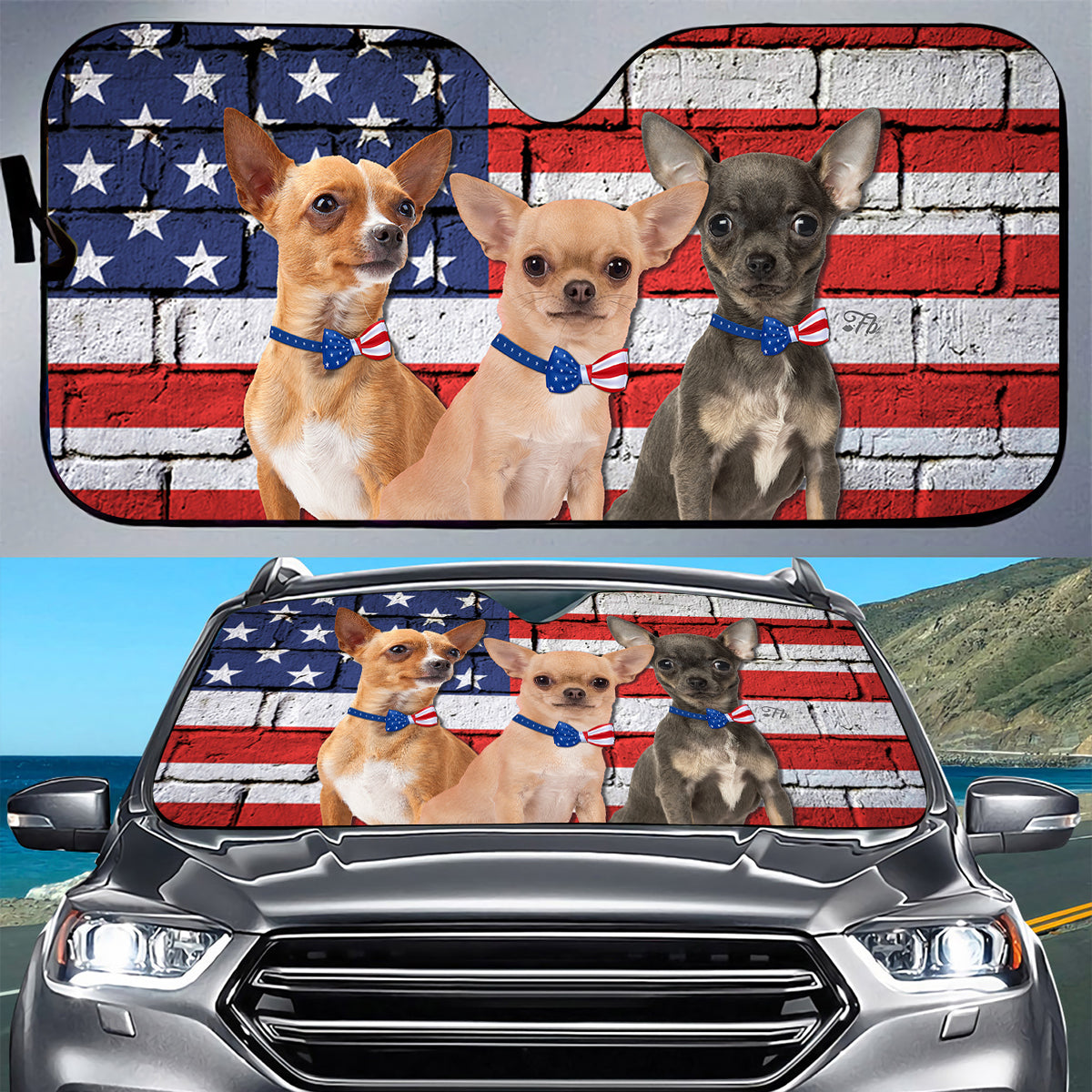 Petthouse | Chihuahua American Flag Windshield Sun Shade Patriot Dog Automotive Interior Sun Protection