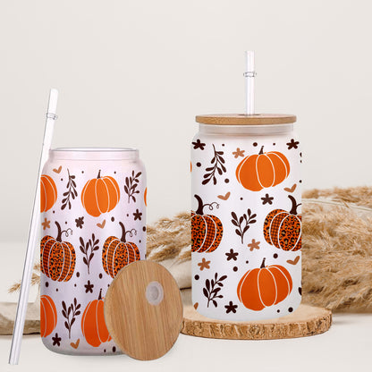 Petthouse | Fall Pumpkins Glass Can, Fall Pumpkins Glass Tumbler, Fall Coffee Glass, Leopard Pumpkin