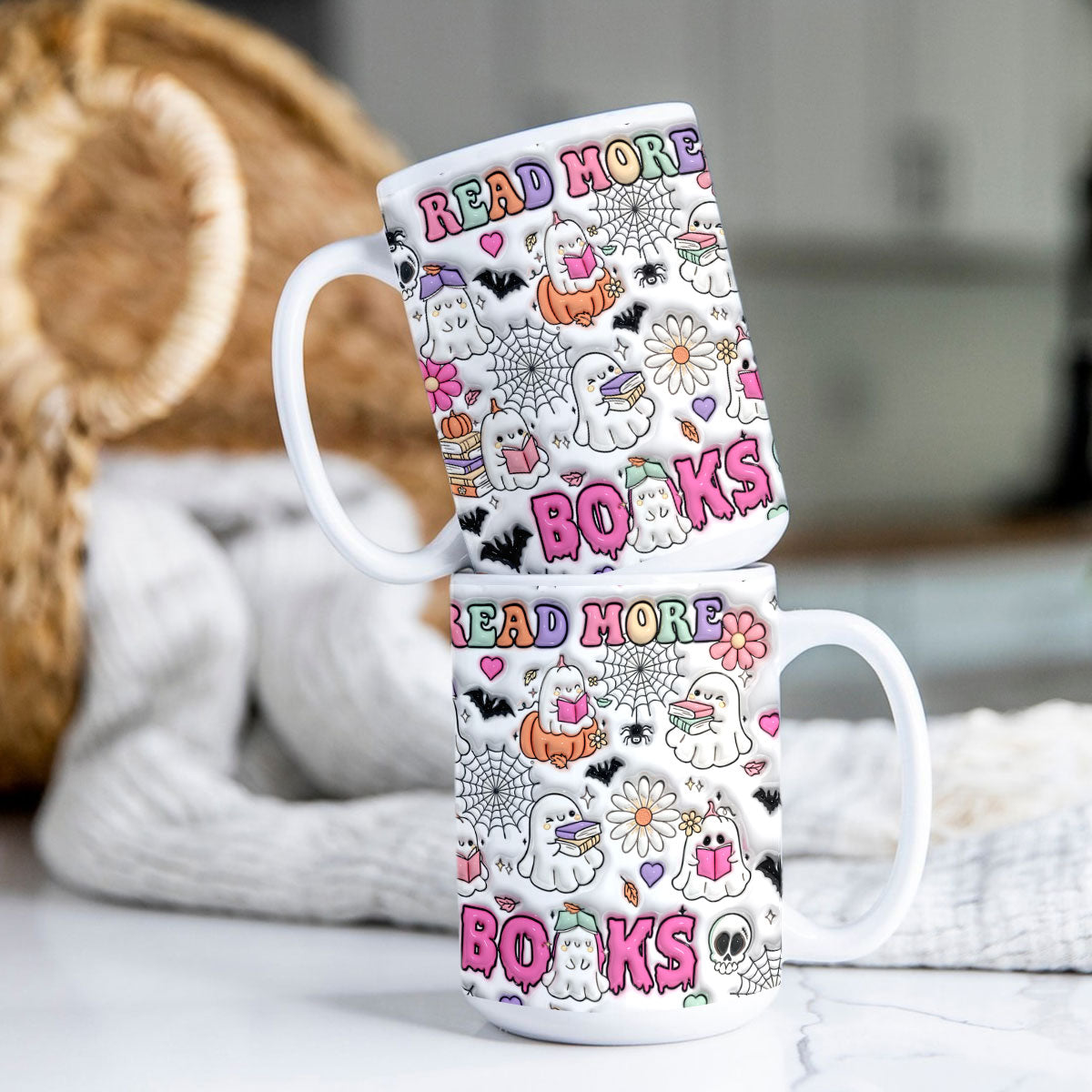 Petthouse | Inflated Book Lover Halloween Mug, Spooky Teacher Mug, Ghost Book Nerd Mug, Reading Books