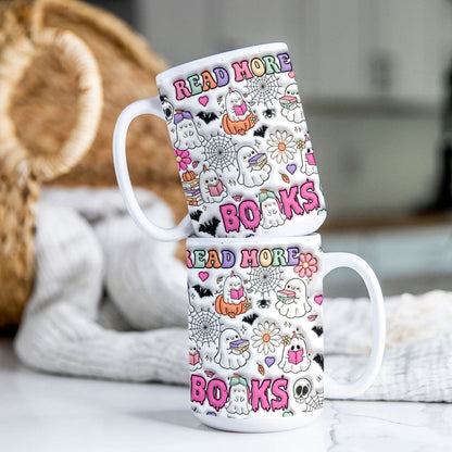 Petthouse | Inflated Book Lover Halloween Mug, Spooky Teacher Mug, Ghost Book Nerd Mug, Reading Books