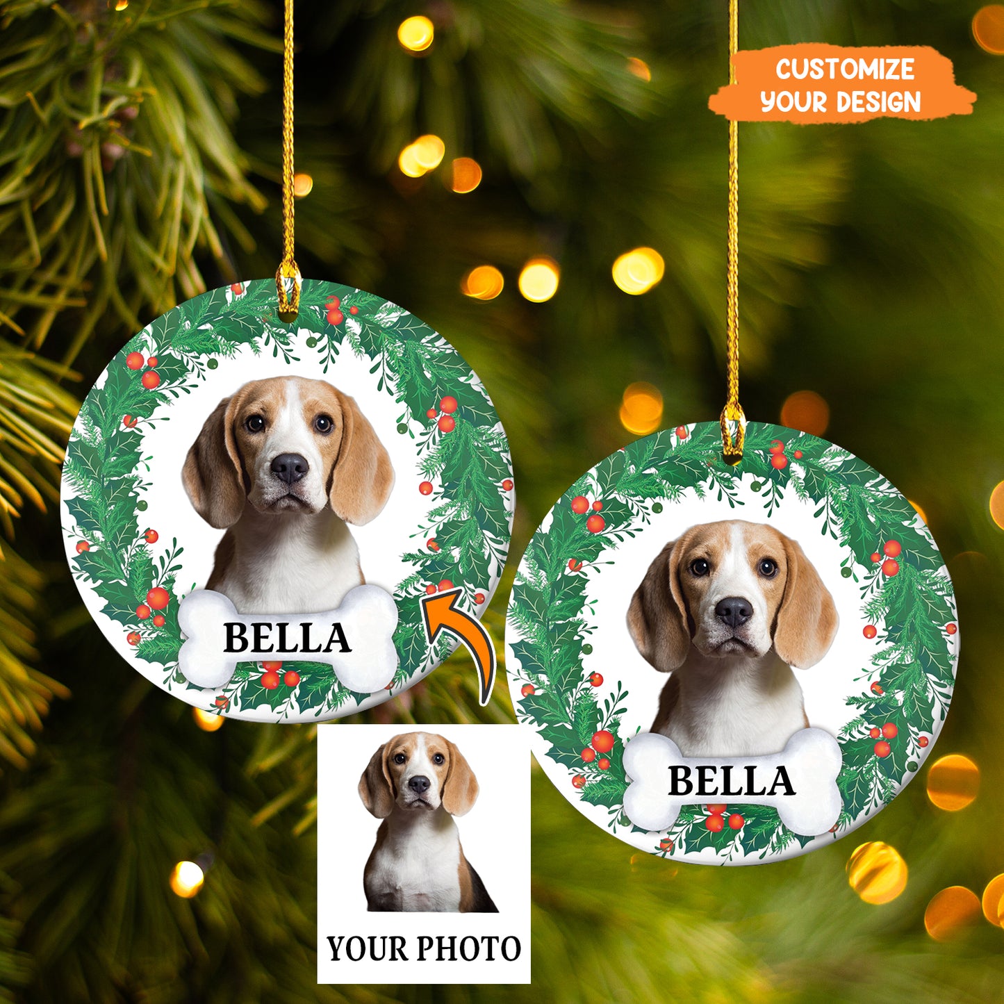 Petthouse | Personalize Dog Photo Ornament, Dog Christmas Wreath Ornament, Forever Love, Ornament Decor Tree