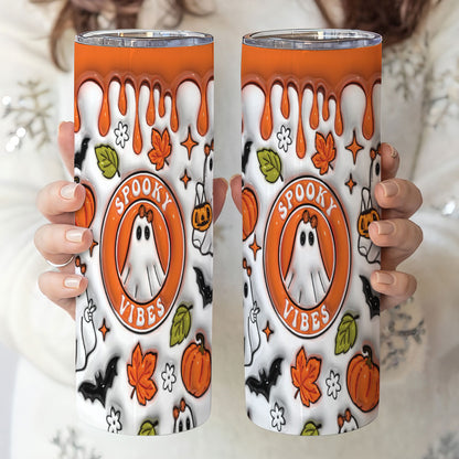 Petthouse | Halloween Spooky Vibes Skinny Tumbler, Spooky Ghost Vibes 3d Inflated Effect Tumbler, Pumpkin