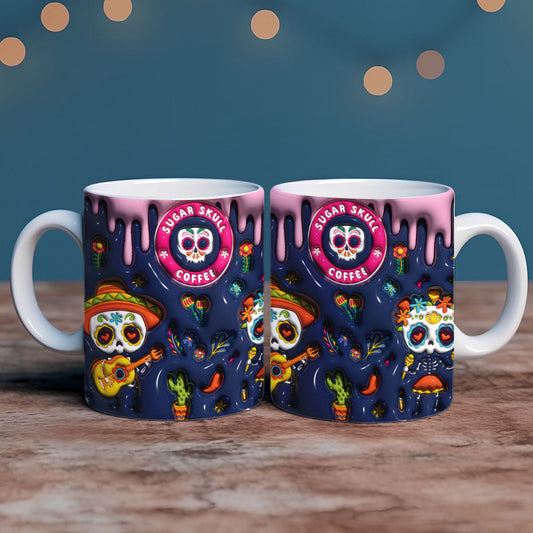 Petthouse | 3d Colorful Sugar Skull Inflated Mug, 3d Day Of Dead Puff Halloween Mug, Sugar Skull Halloween