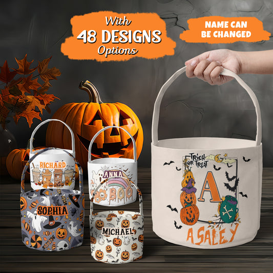 Petthouse | Custom Name Halloween Candy Bag For Kids, Fabric Basket, Pumpkin Trick Or Treat Bucket For Kids