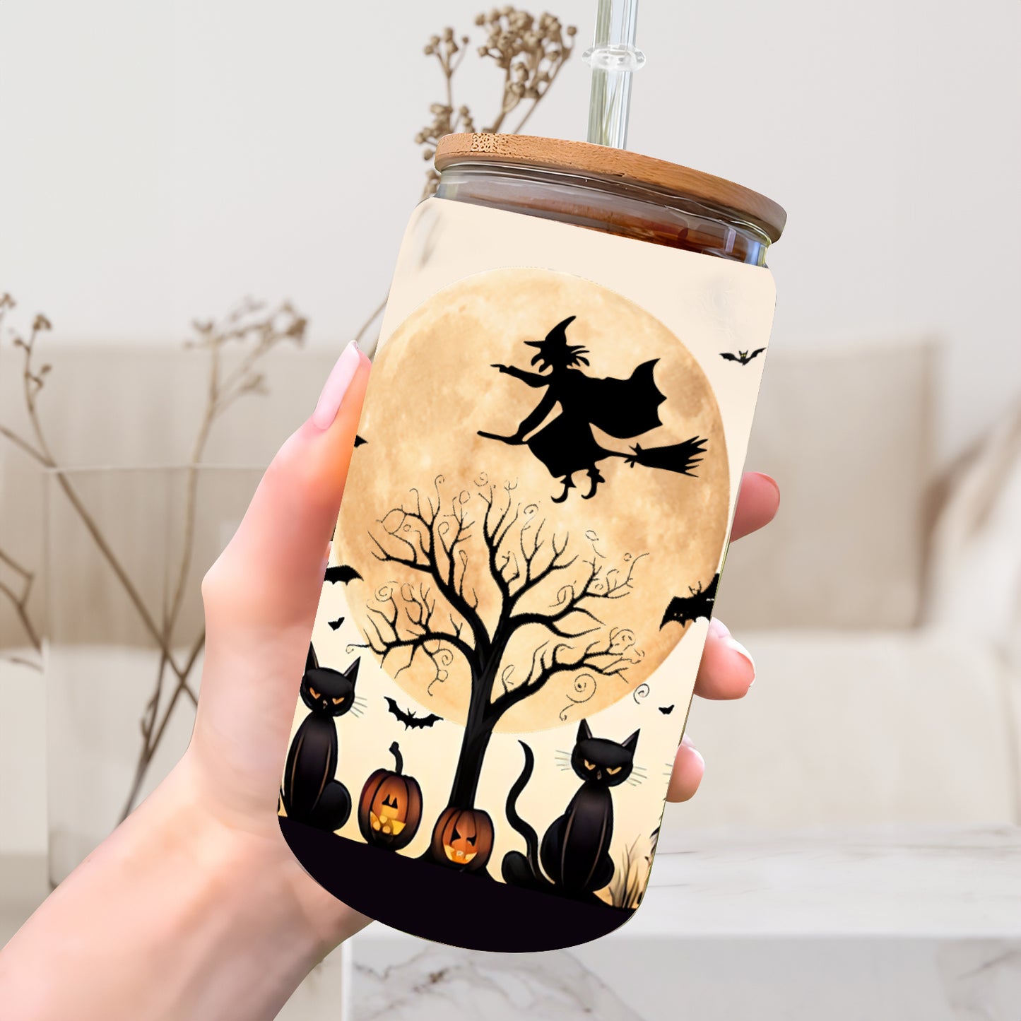 Petthouse | Pumpkin Coffee Glass Cup, Witchy Brew, Black Cat Cup, Cute Cat Glass, Spooky Brew