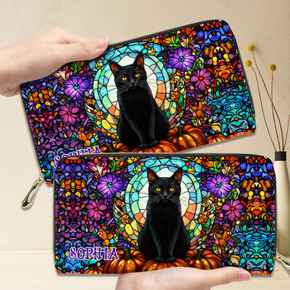 Petthouse | Personalized Black Cat Stained Glass Pattern Halloween Leather Handbag Wallet, Halloween Black Cat Handbag, Halloween Gift