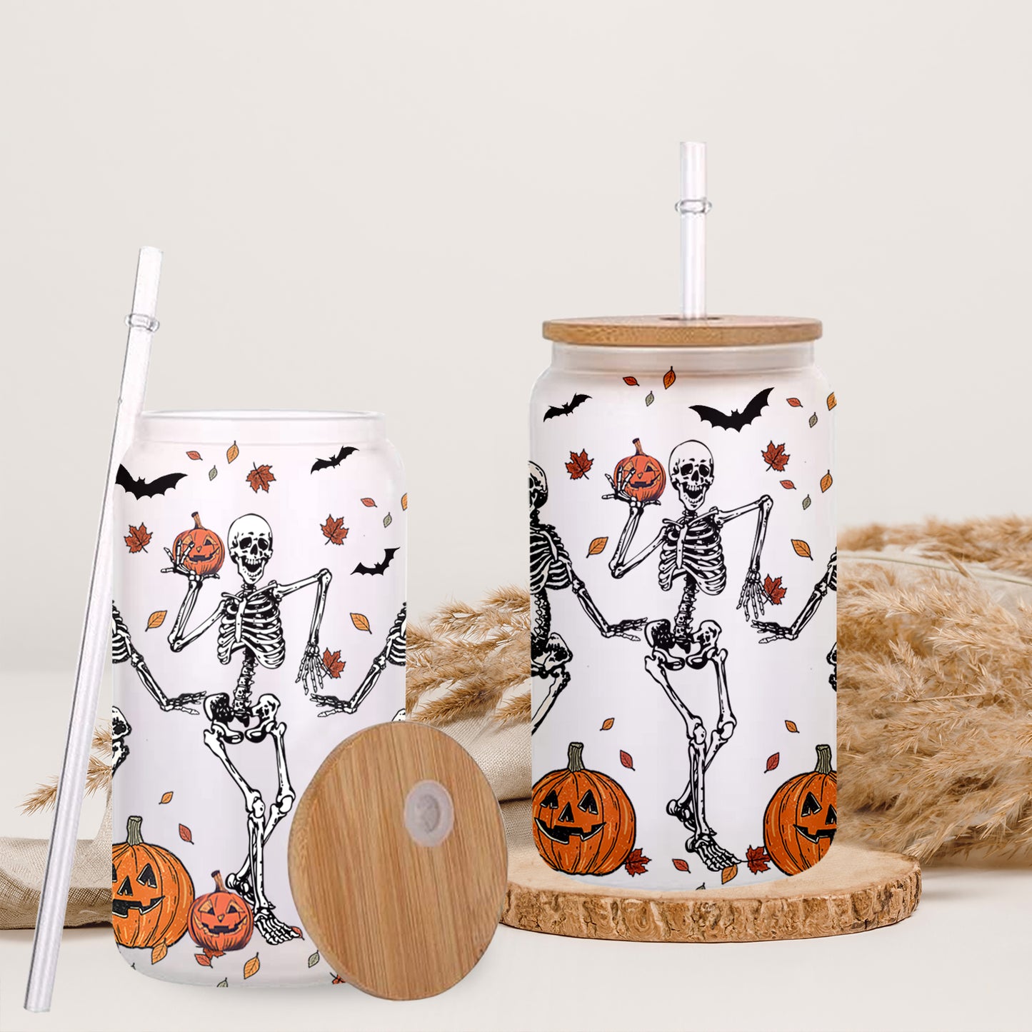 Petthouse | Skeleton Dancing Halloween Glass Can, Skeleton Halloween Iced Coffee Cup, Skeleton Dance Fall