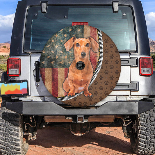 Petthouse | Dachshund Dog Spare Tire Cover Grunge American Flag Tire Protector Pet Paw Tire Storage Bag