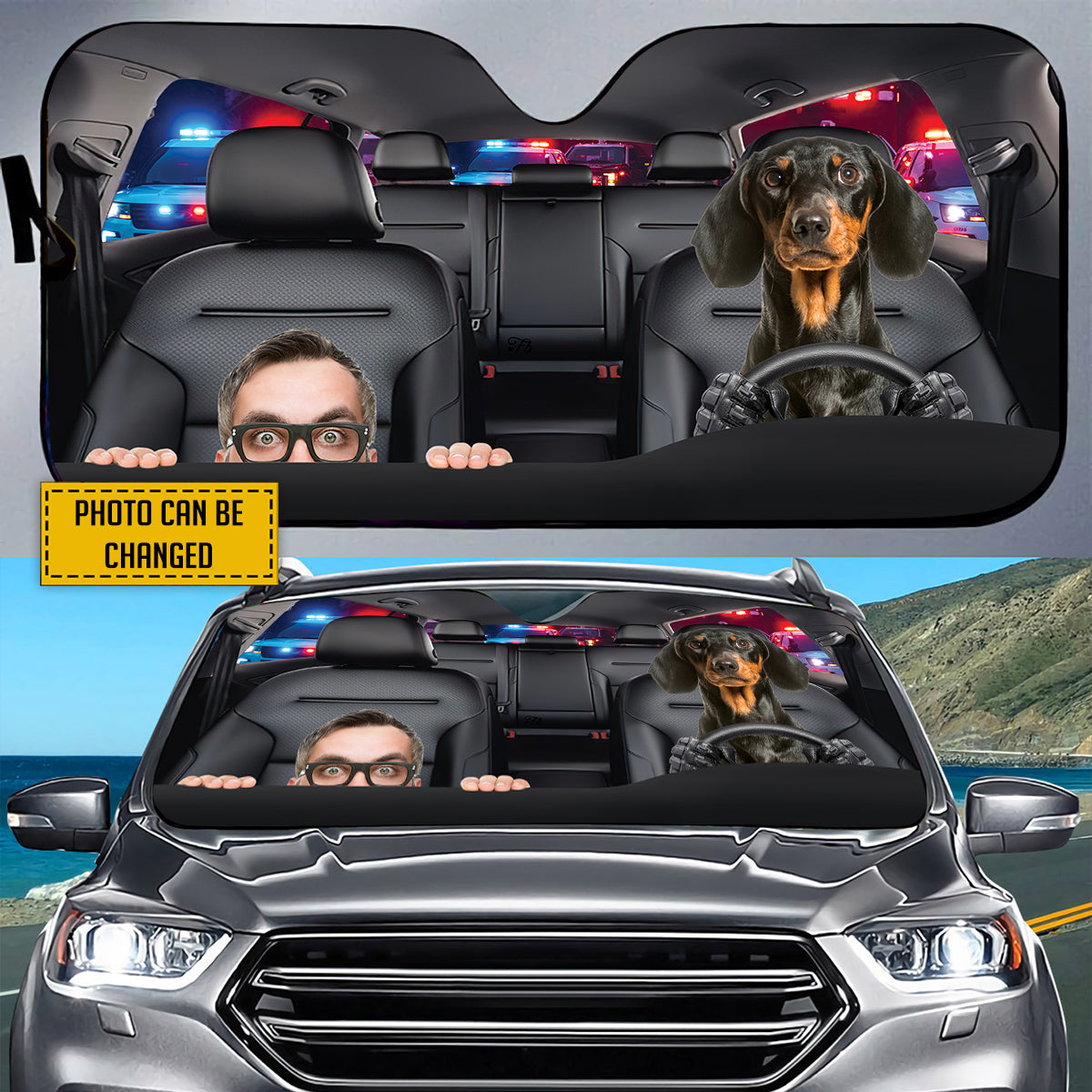 Petthouse | Customizable Gift Dog Sunshade Dachshund Help Me Police Funny Windshield Sun Shade Sun Visor