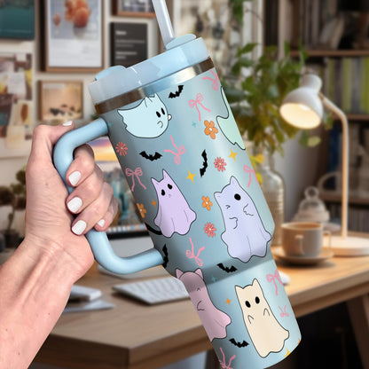 Petthouse | Cute Ghost Cats Halloween 40Oz Tumbler, Ghost Cat Stainless Steel Tumbler, Cat Ice Coffee Cup