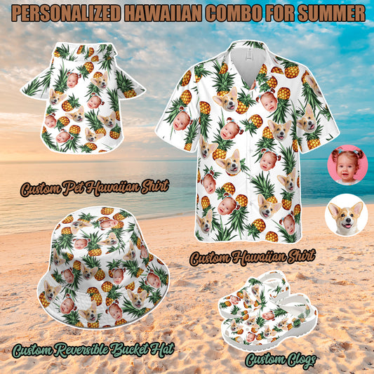 Petthouse | Custom Face Pineapple Gold Hawaiian Shirt, Tropical Pattern Hawaiian Shirt For Family