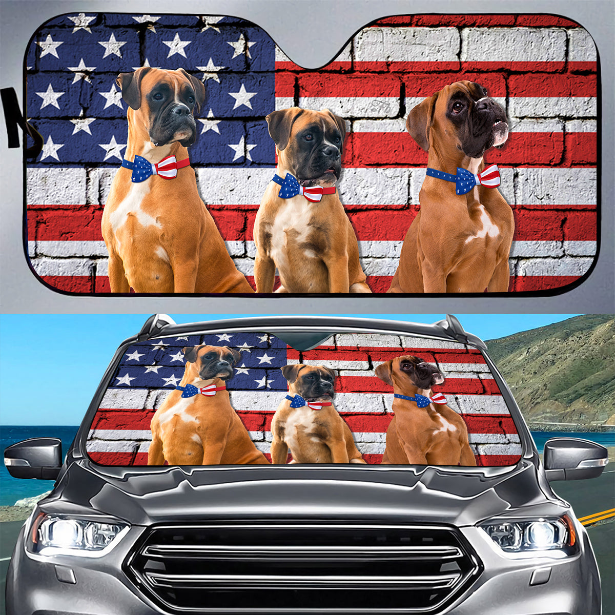 Petthouse | Dog Sunshade Boxer American Flag Car Sun Shade Windshield American Patriot Windshield Sun Shade