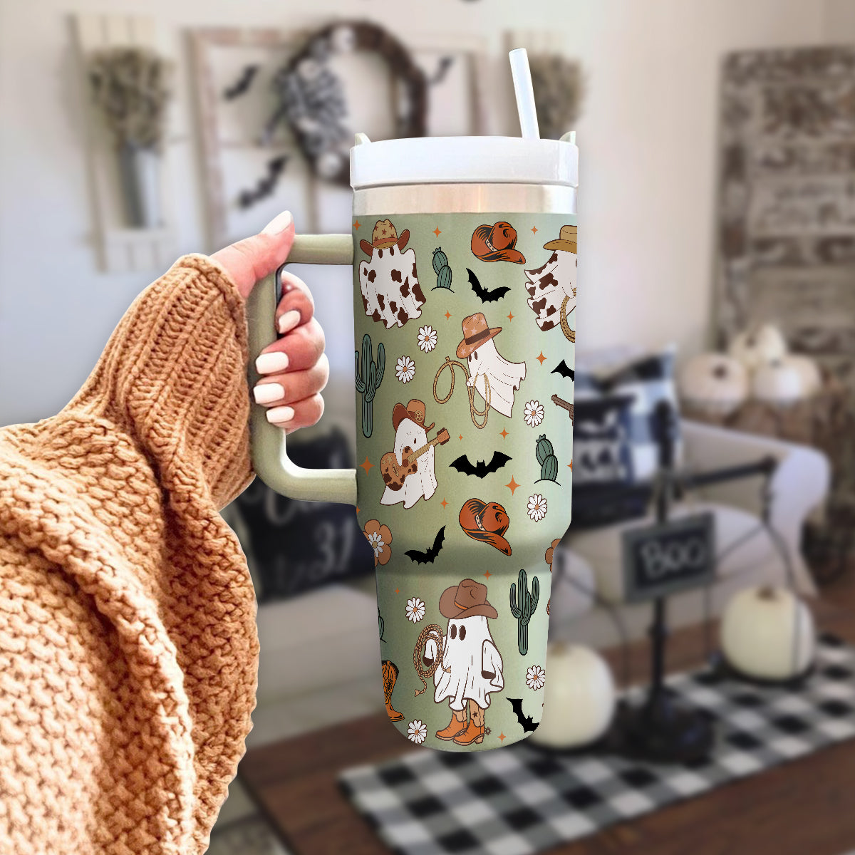 Petthouse | Western Ghost 40oz Tumbler, Halloween Ghost Cowboy Tumbler Wrap, Spooky Western Ghost