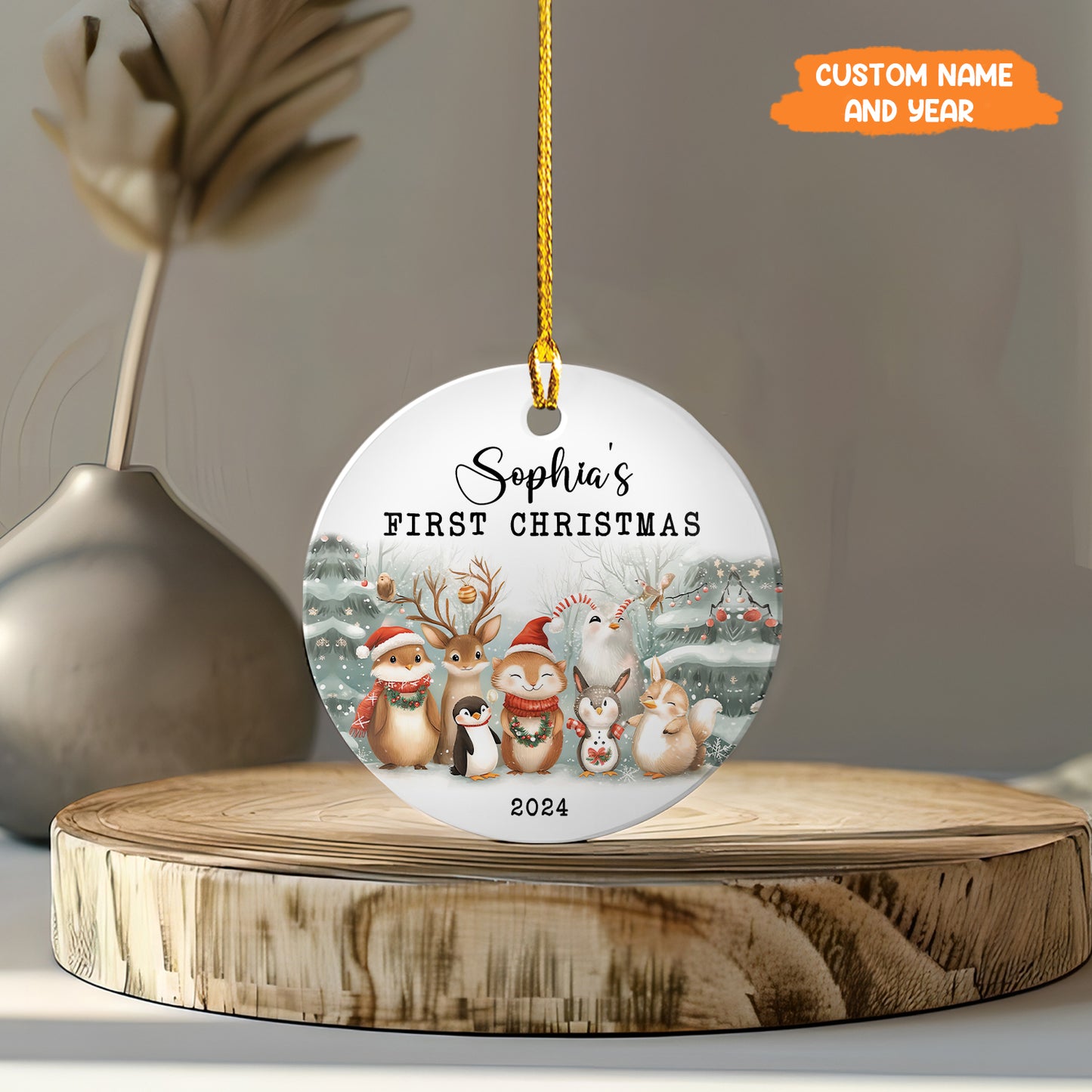 Petthouse | Baby First Christmas Ornament, Personalized Woodland Creatures Ceramic Ornament, Xmas Gift