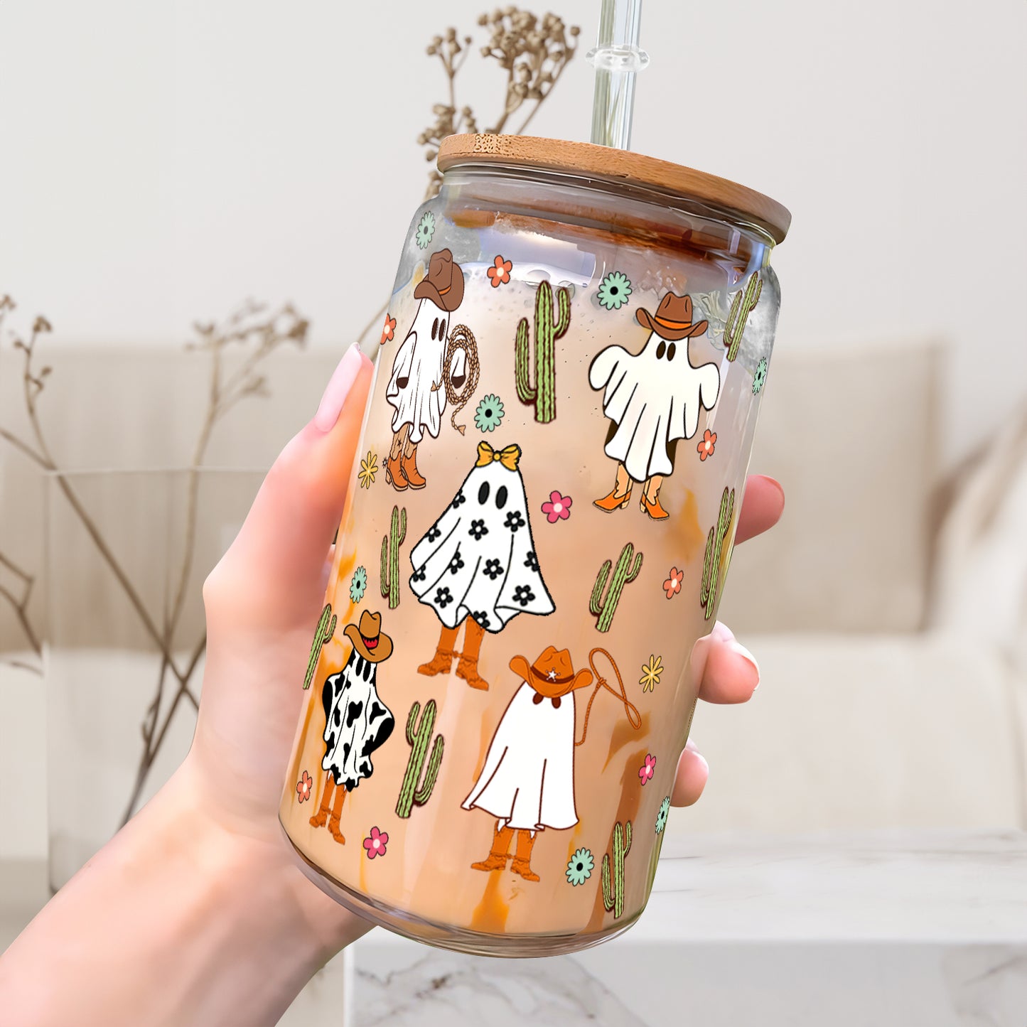 Petthouse | Western Ghost Glass Tumbler, Ghost Cowboy Coffee Glass Can, Western Ghost Lover Gifts